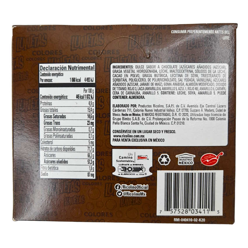 lunetas de chocolate confitado con caramelo de colores ricolino