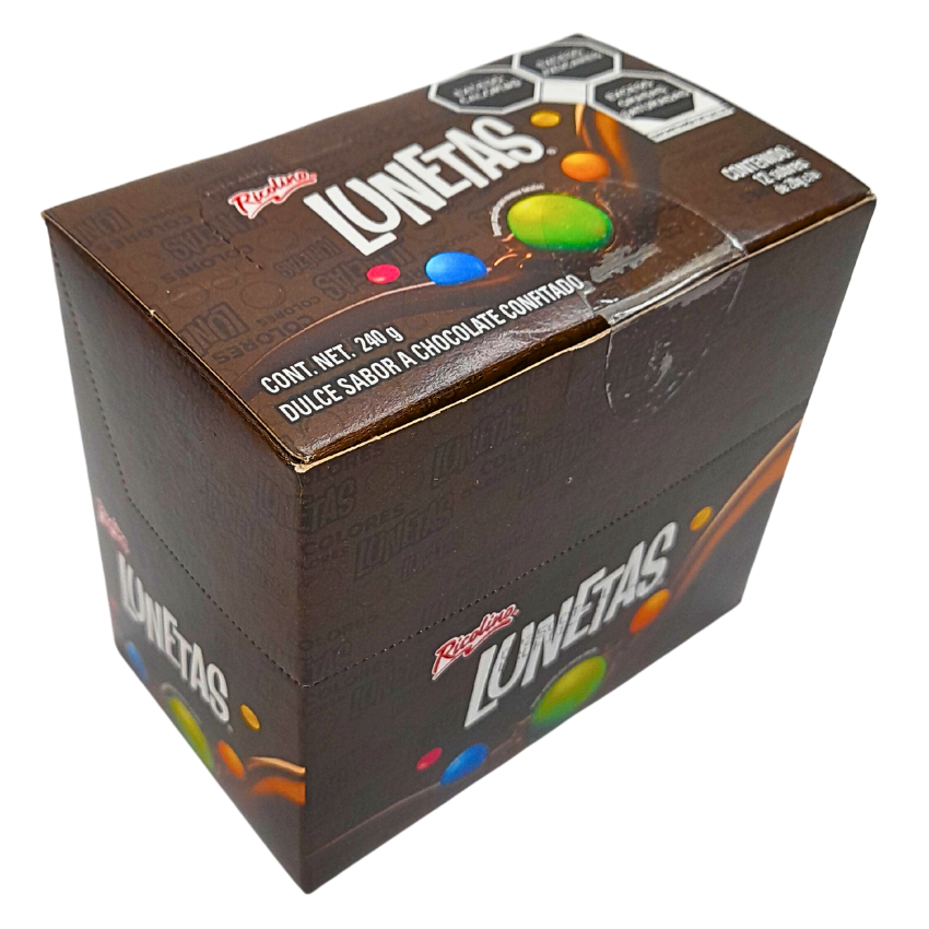 lunetas de chocolate confitado con caramelo de colores ricolino