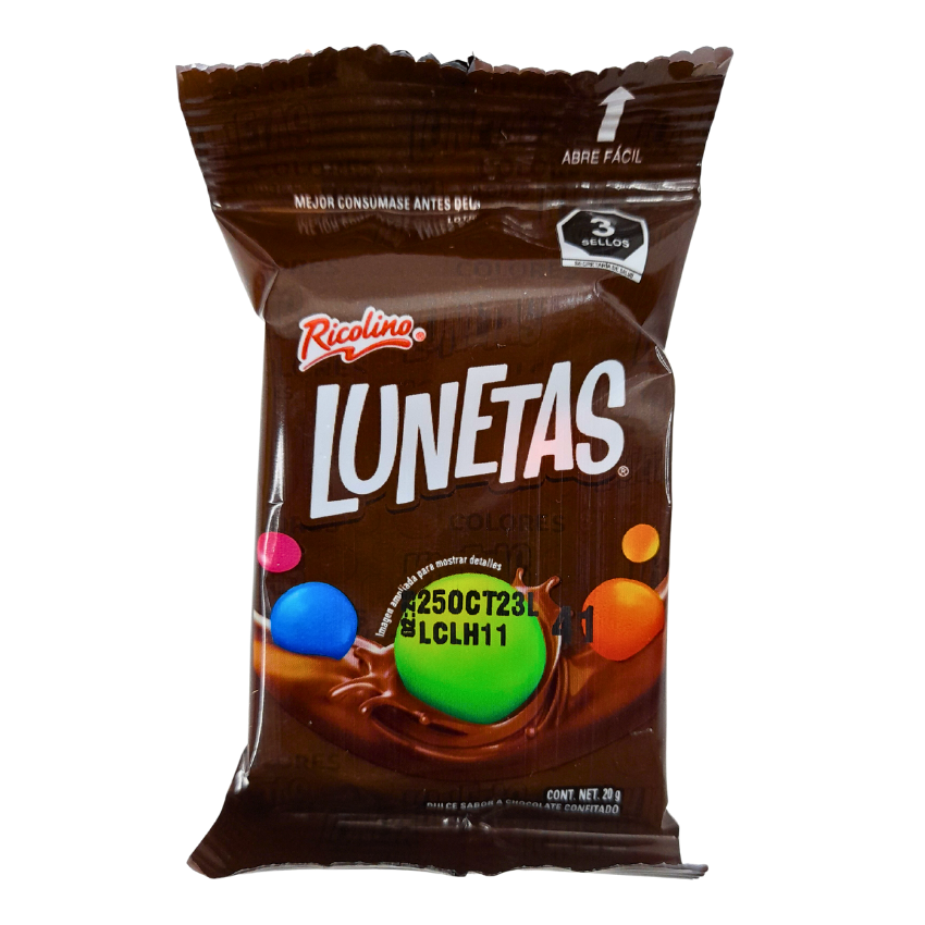 lunetas de chocolate confitado con caramelo de colores ricolino