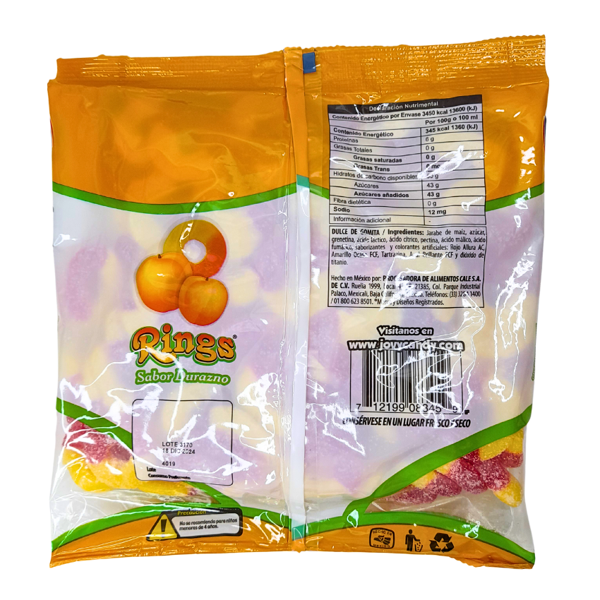 Gomitas de grenetina aciduladas sabor durazno rings durazno jovy