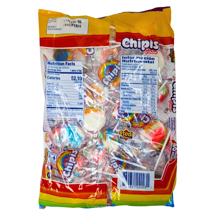 paleta de caramelo macizo miltisabor chipis glotón arcoiris fradi