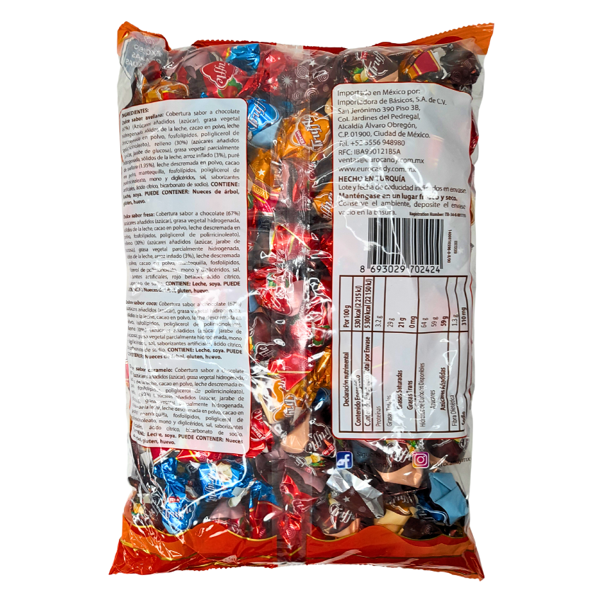 surtido de ducles sabor chocolate cremoso relleno con avellana, fresa coco, caramelo y arroz inflado truffle elvan