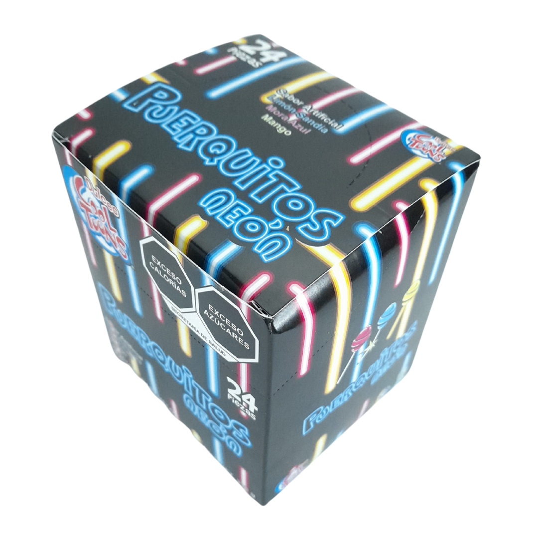 paleta de caramelo macizo acidulado limon sandía mora azul y mango puerquitos neón
