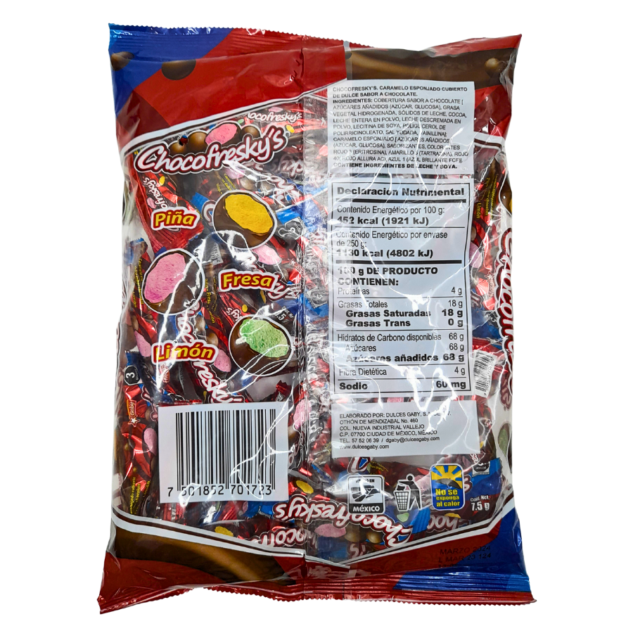 caramelo exponjado con sabores frutales cubierto con chocolate chocofreskys