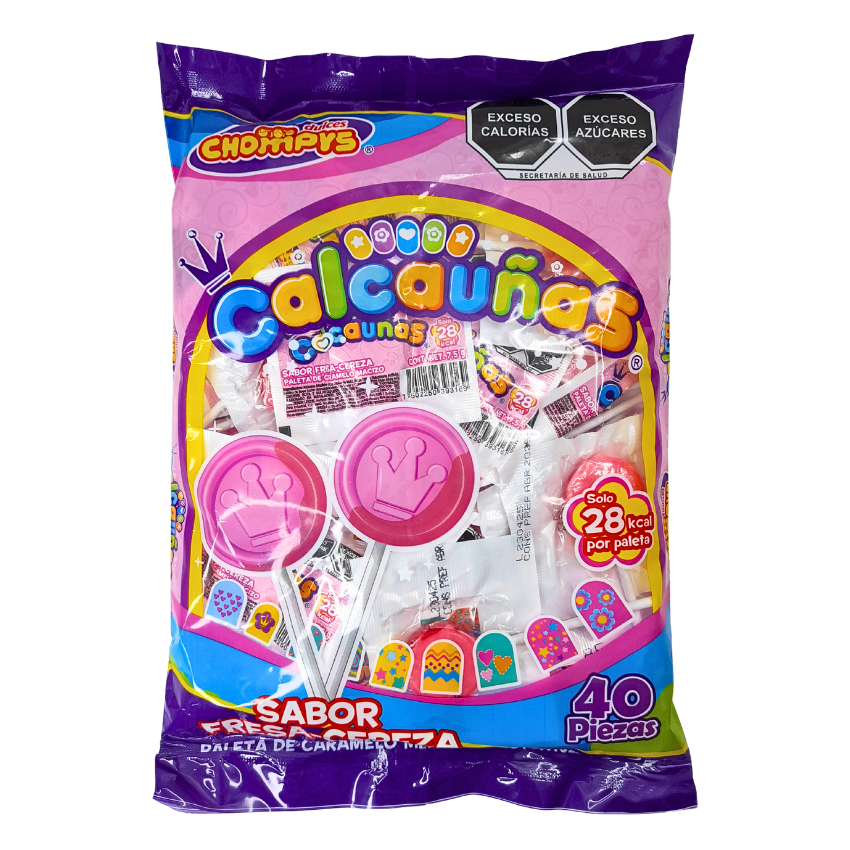 paleta de caramelo macizo sabor fresa cereza calcauñas de chompys