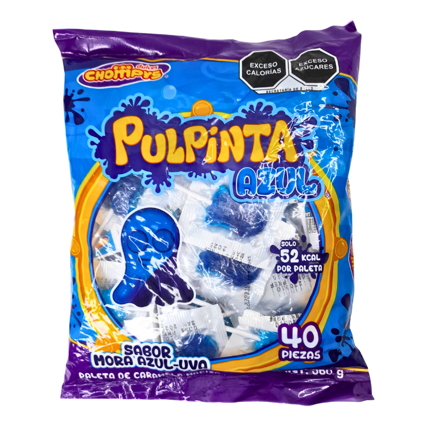 paleta de caramelo macizo sabor mora azul y uva pulpinta azul de chompys