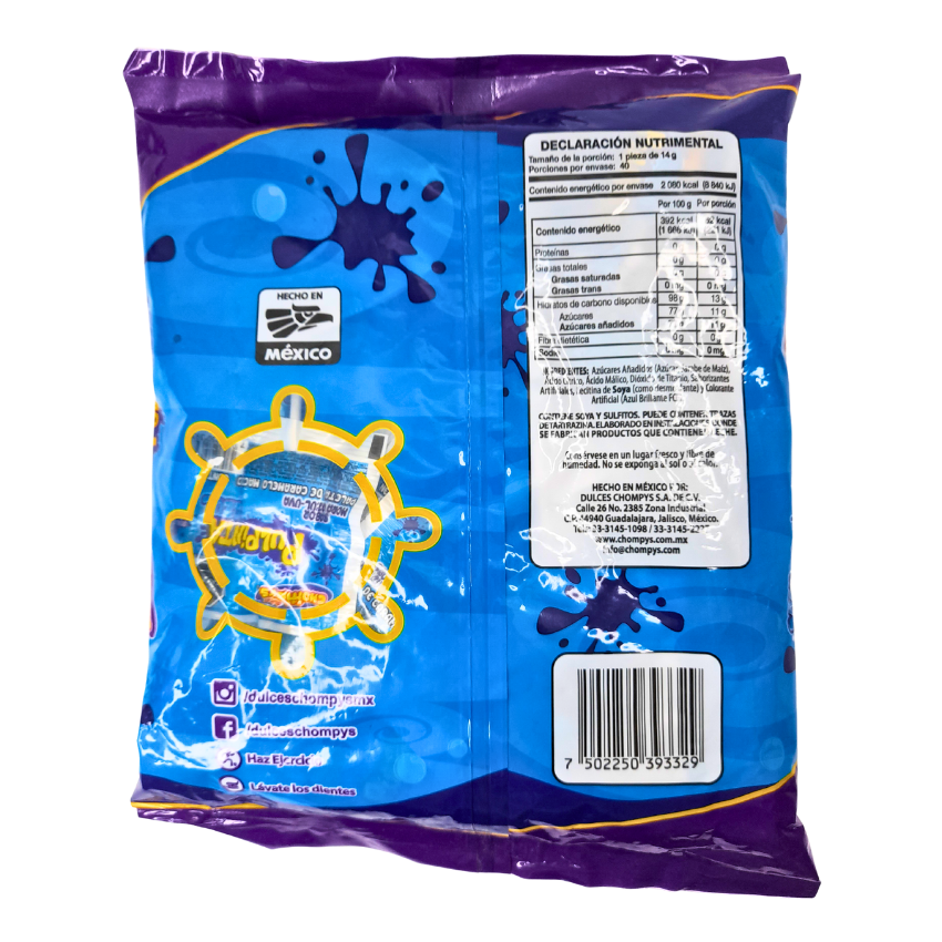 paleta de caramelo macizo sabor mora azul y uva pulpinta azul de chompys