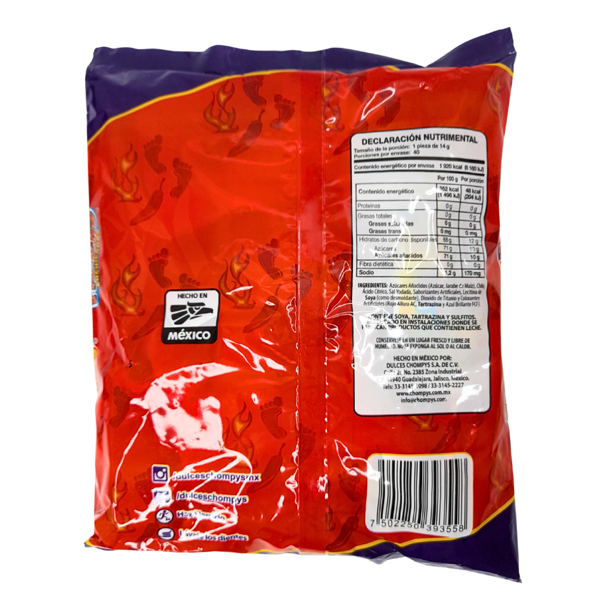 paleta de caramelo macizo sabor durazno enchilado patadas de chompys