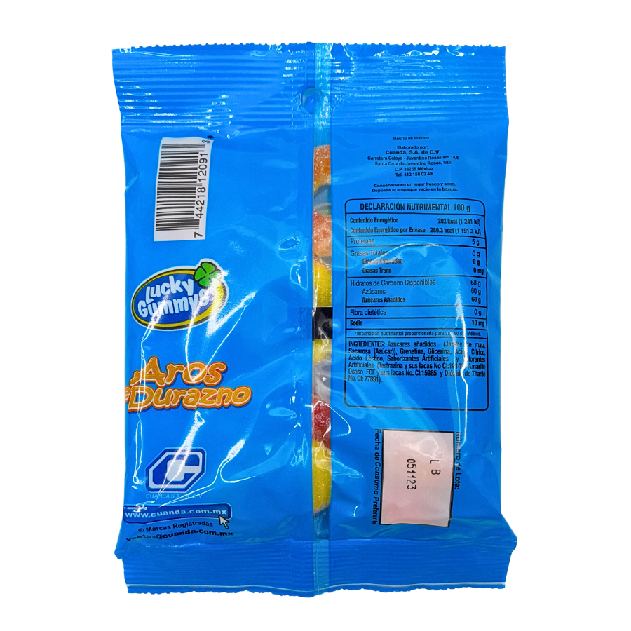 gomitas de grenetina con sabores frutales lucky gummy aros de durazno cuand