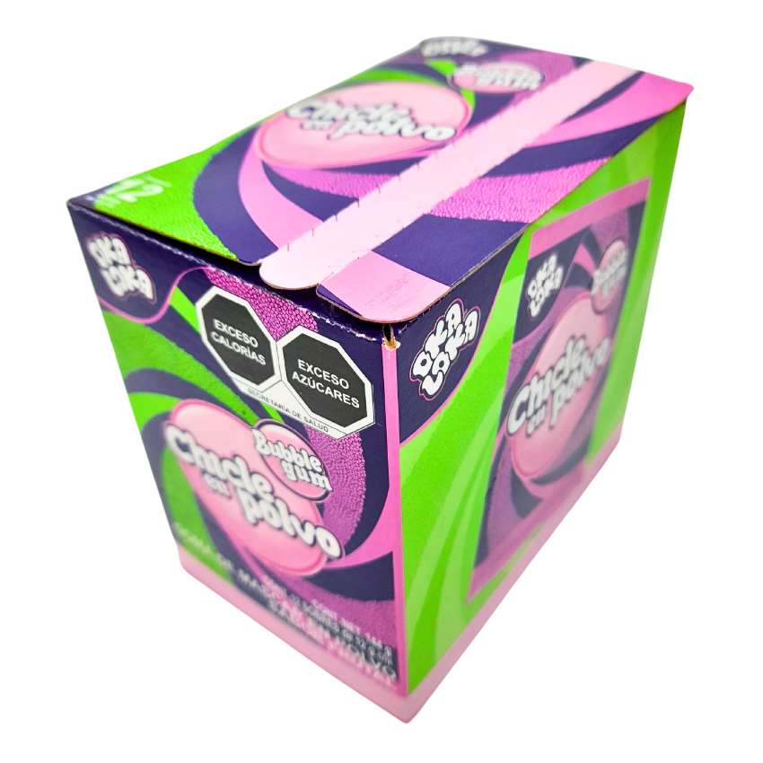 sobrecitos de chicle en polvo con sabores frutales oka loka