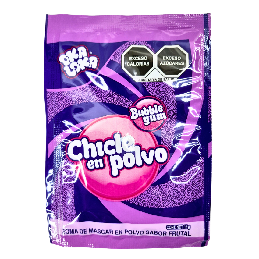 sobrecitos de chicle en polvo con sabores frutales oka loka
