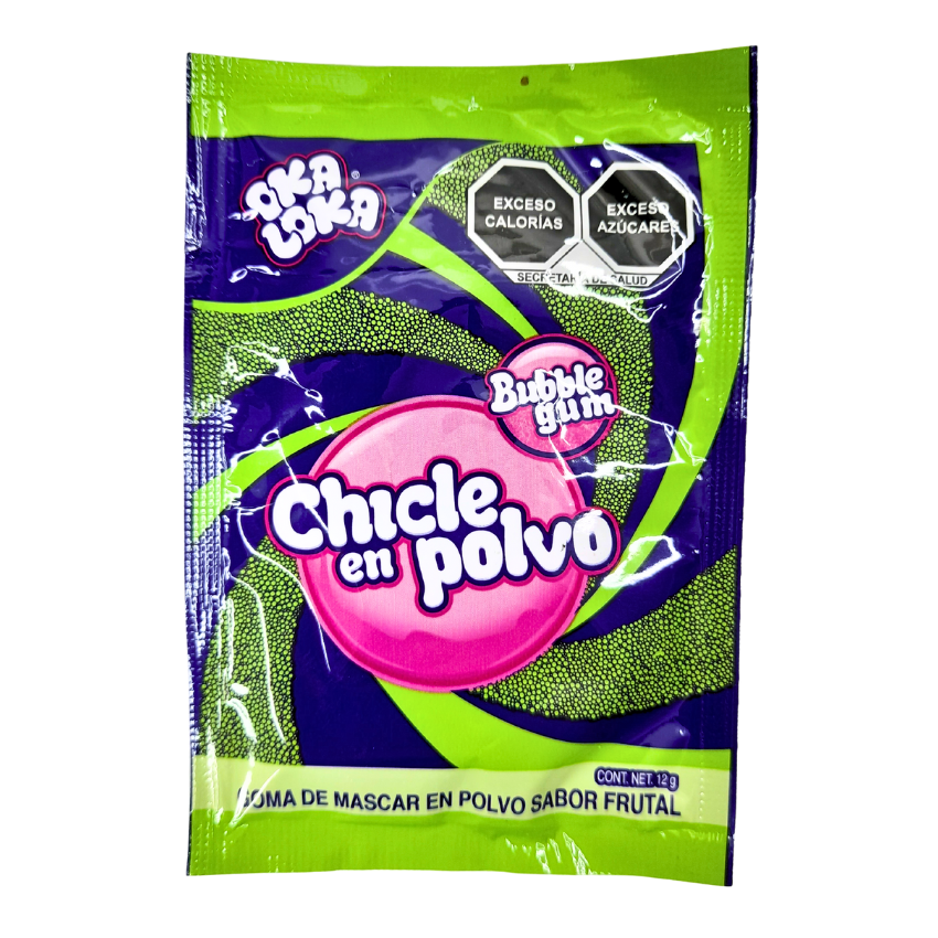 sobrecitos de chicle en polvo con sabores frutales oka loka