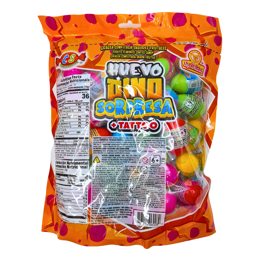 huevito con caramelo, juguete y tatuaje de fantasía huevo dino las delicias