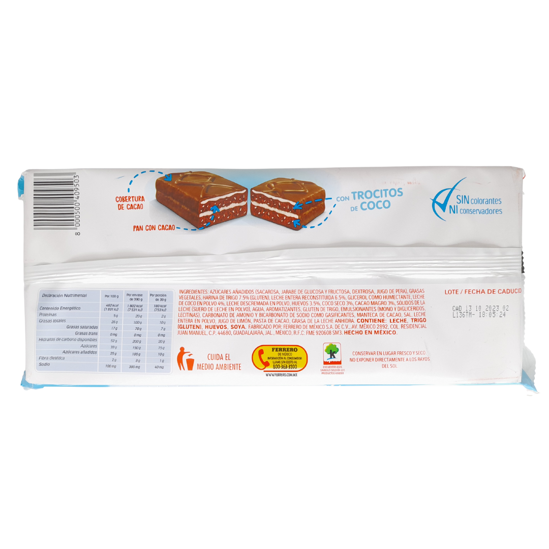 pastelito de cacao kinder delice relleno con crema sabor coco