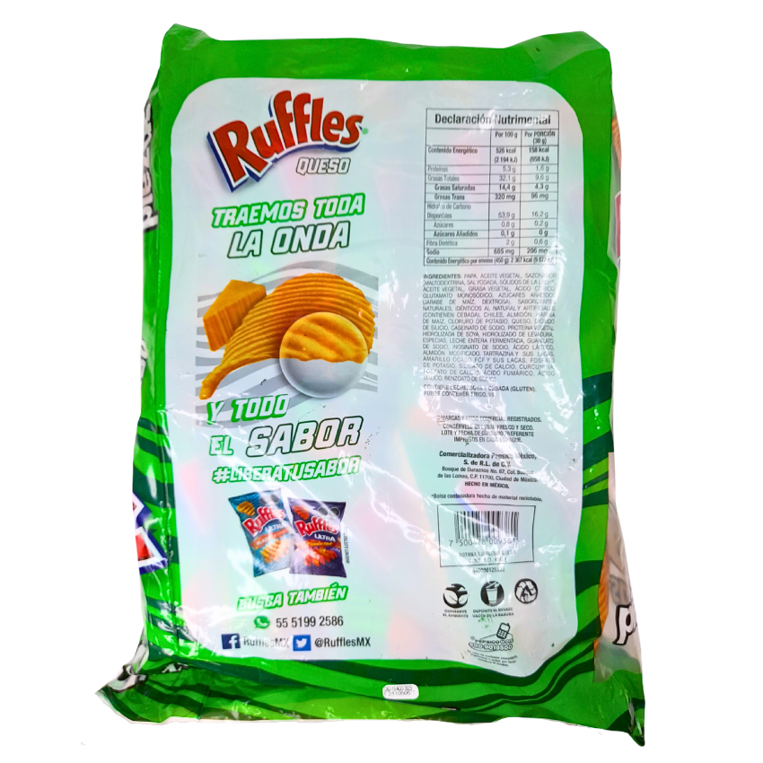 botana de papas onduladas sabor queso y jalapeño ruffles sabritas