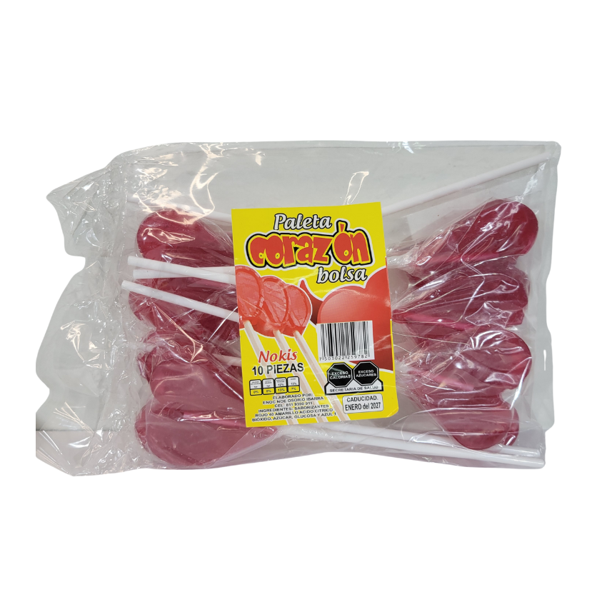 Nokis Paleta Corazón Rojo Liso 10 pz