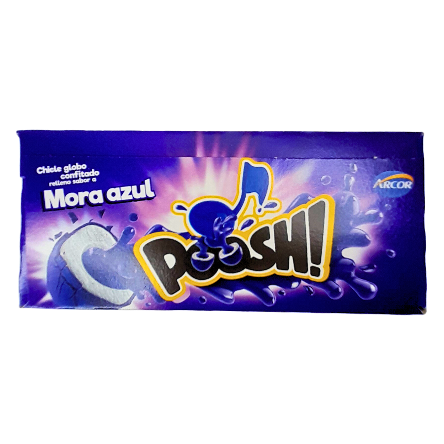 goma de mascar confitada rellena con jalea sabor mora azul poosh arcor