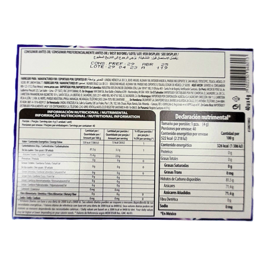 goma de mascar confitada rellena con jalea sabor mora azul poosh arcor