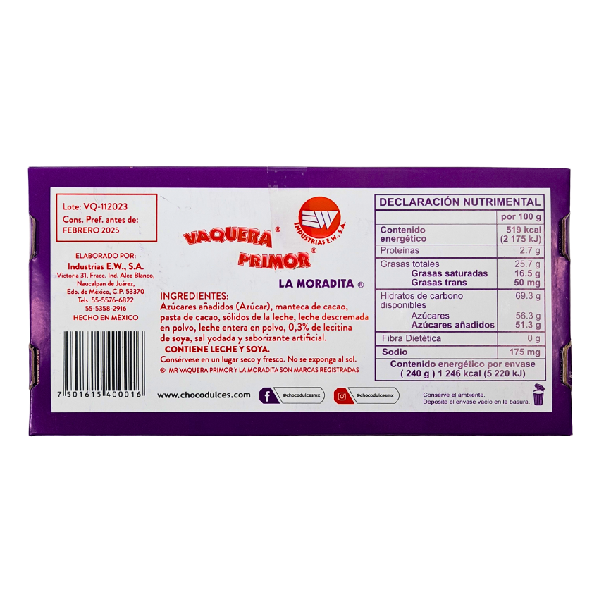 Chocolate Vaquera Primor Moradita 240gr