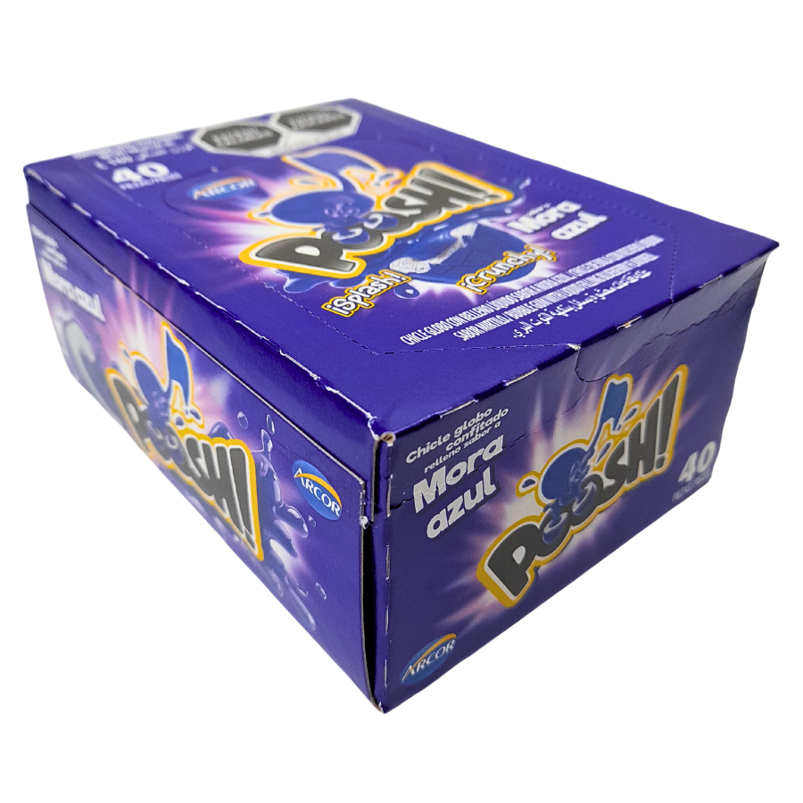 goma de mascar confitada rellena con jalea sabor mora azul poosh arcor