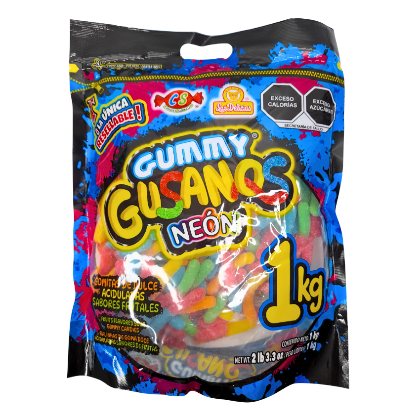 Delicias Gomitas Gummy Gusanos Neón 1kg