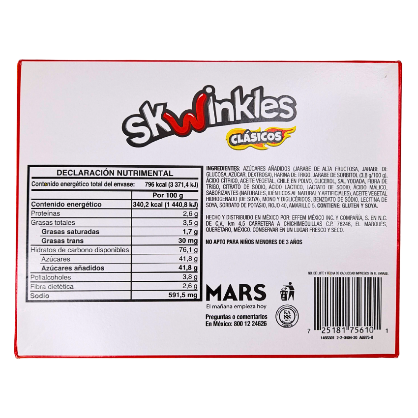 tiras de goma con sabores frutales cubiertas con chile en polvo skwinkles mars