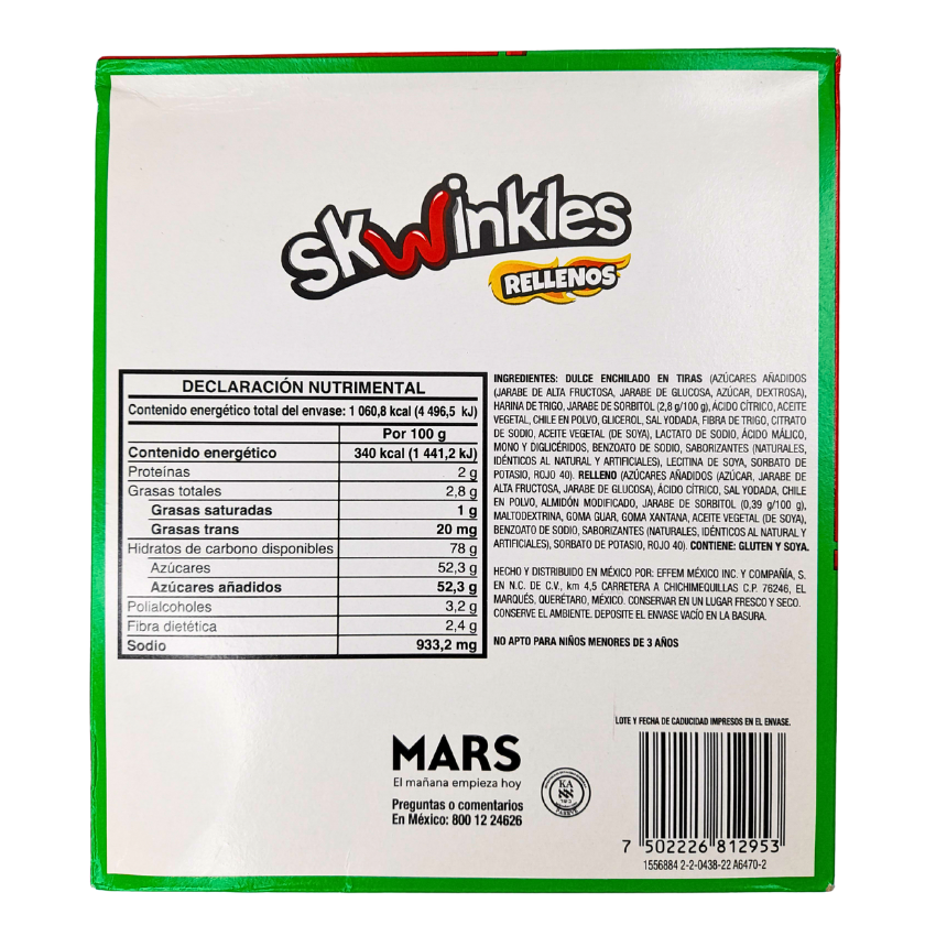 tiras de goma con sabores frutales cubiertas con chile en polvo skwinkles mars