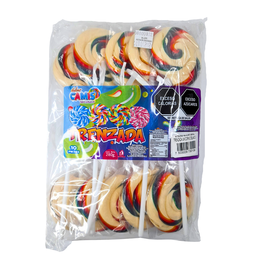 Dulces Camis Paleta Grande Trenzada Caramelo Arcoíris 20pz