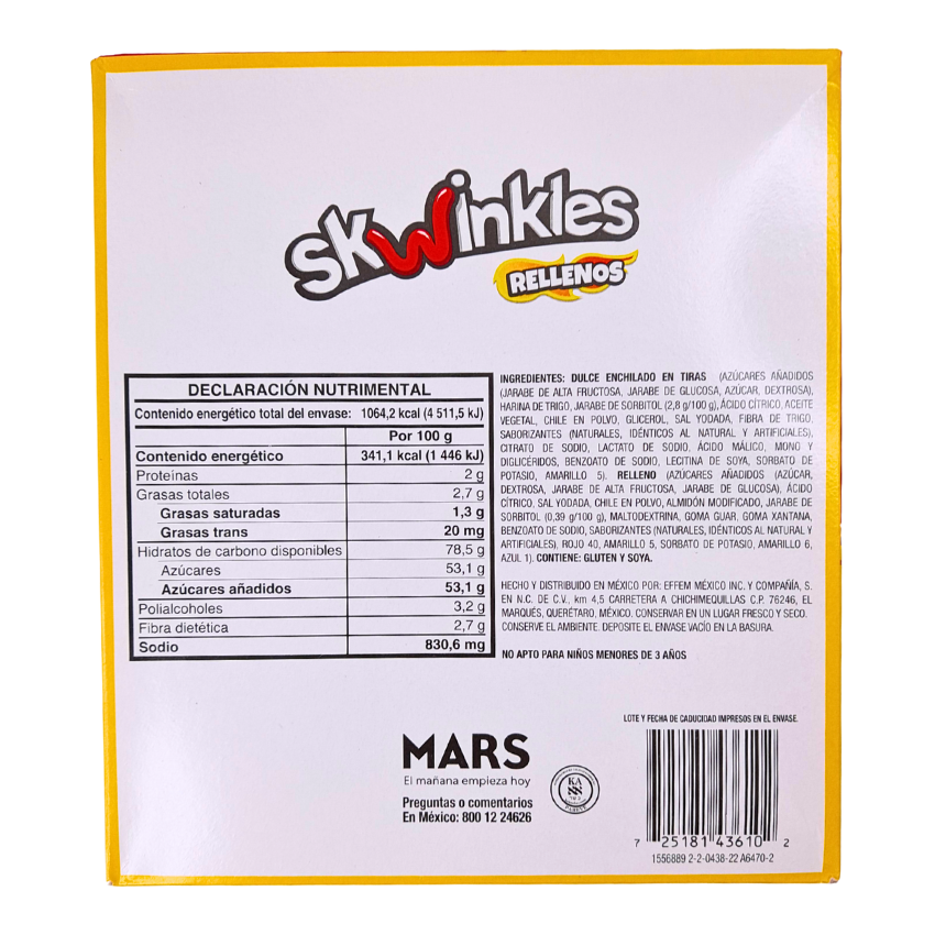 tiras de goma con sabores frutales cubiertas con chile en polvo skwinkles mars