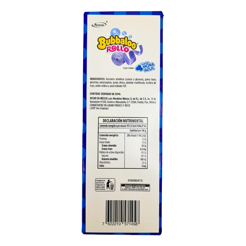 Adams Chicle Bubbaloo Rollo Mora Azul 6 Piezas