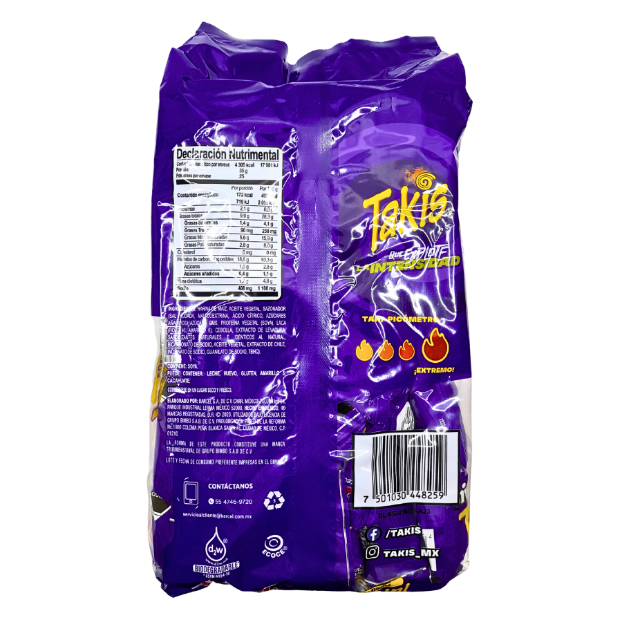 botana de maíz espolvoreado con sabor chile y limón fuego takis barcel