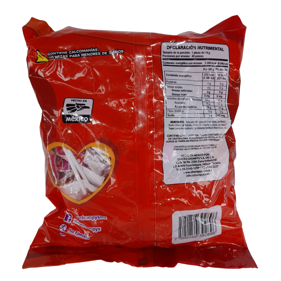 paleta caramelo macizo sabor cereza forma de corazon san valentin chompys