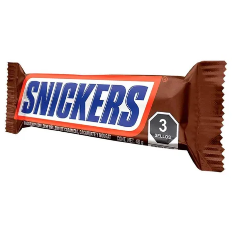 barra de chocolate Snickers de mars rellena de caramelo, cacahuate y nougat