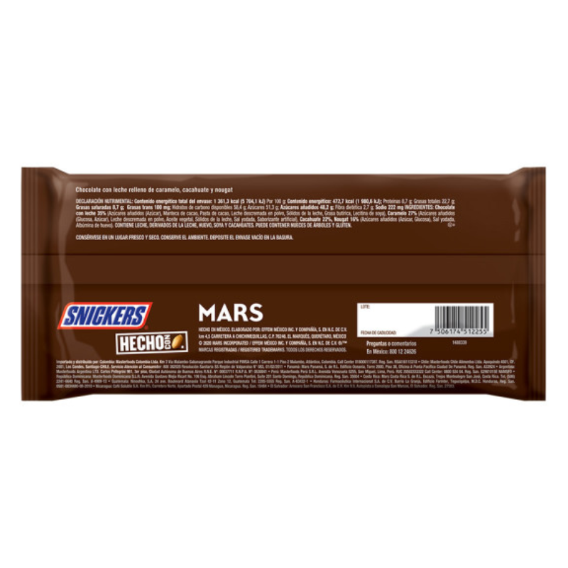 barra de chocolate Snickers de mars rellena de caramelo, cacahuate y nougat