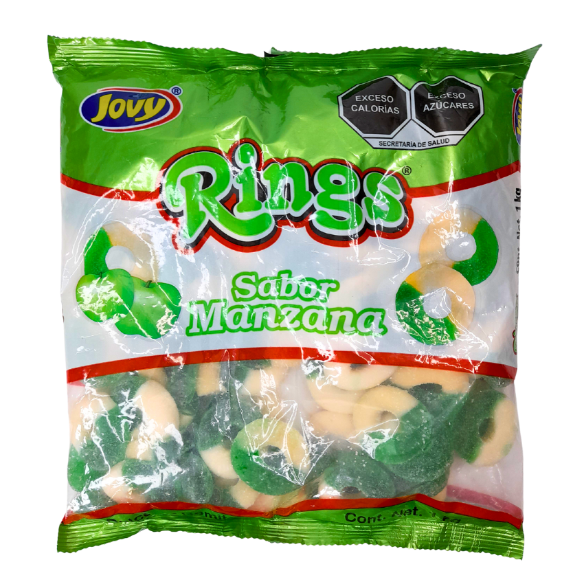 Gomitas de grenetina aciduladas sabor manzana rings manzana jovy