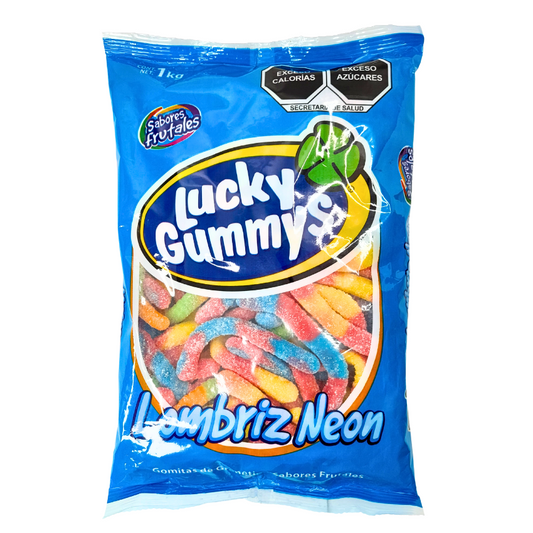 gomitas de grenetina con sabores frutales lombríz neón lucky gummys