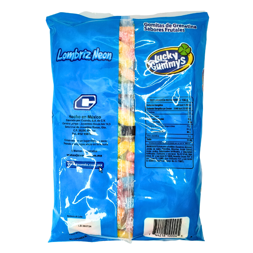 gomitas de grenetina con sabores frutales lombríz neón lucky gummys