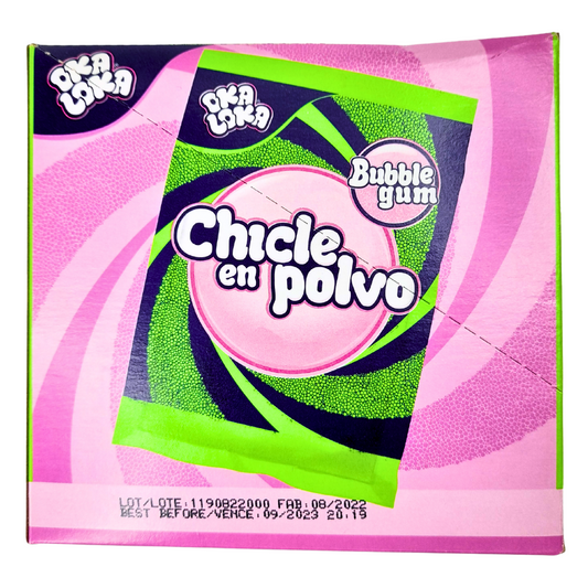 sobrecitos de chicle en polvo con sabores frutales oka loka