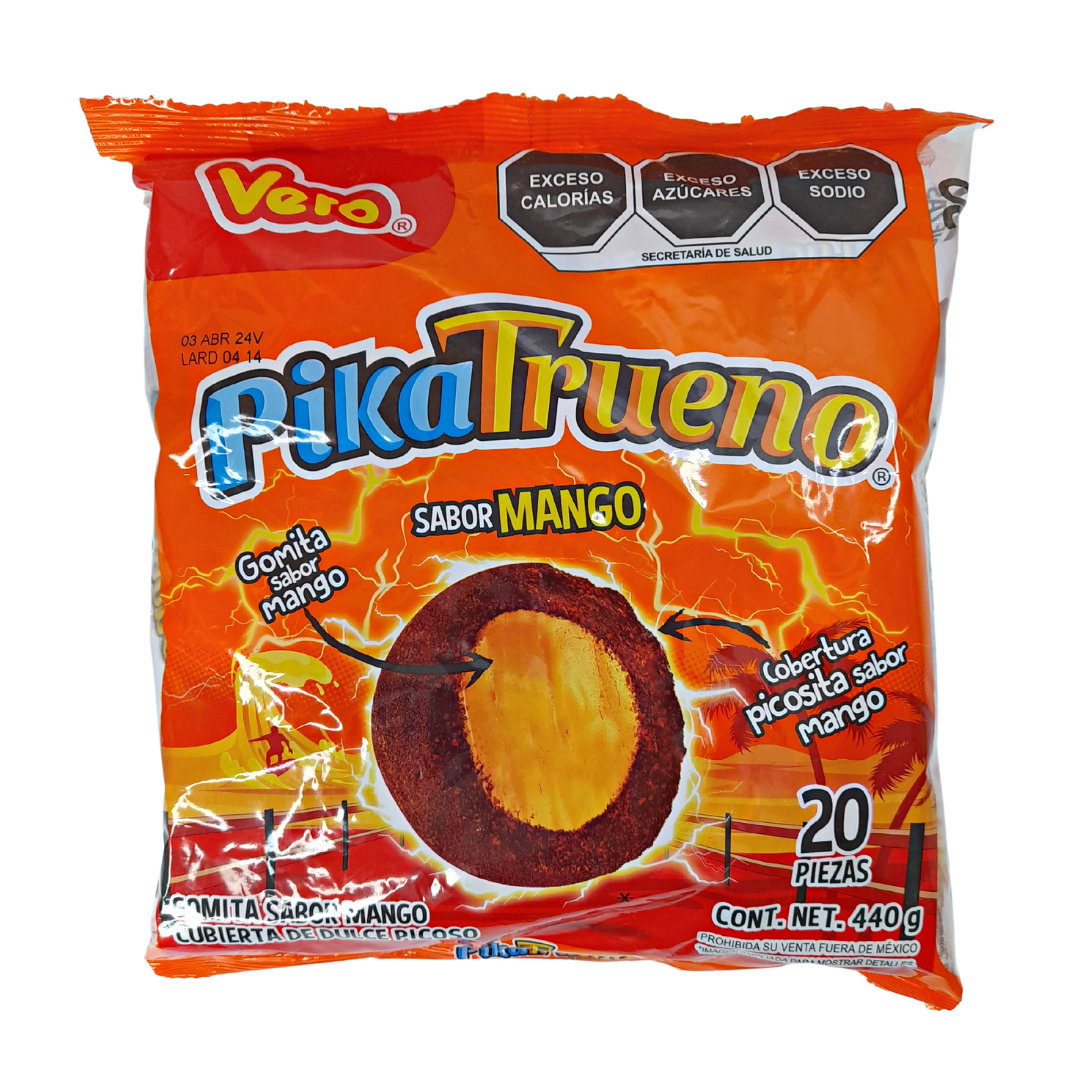 goma de grenetina sabor mango cubiera con dulce picoso Pika Trueno dulces vero