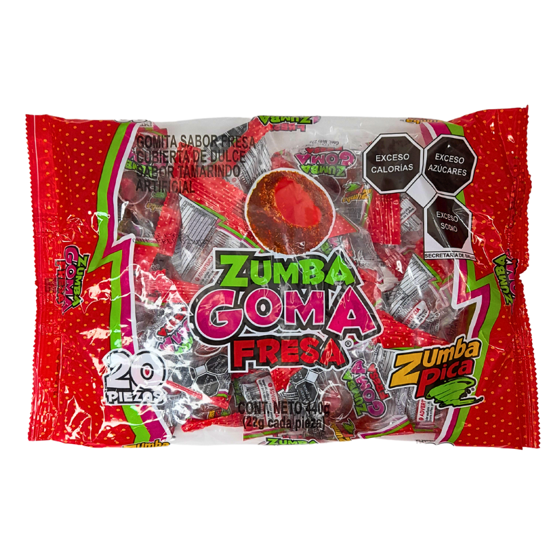 goma de grenetina sabor fresa cubierta con chilito en polvo zumba goma zumba pica