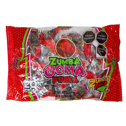 goma de grenetina sabor fresa cubierta con chilito en polvo zumba goma zumba pica