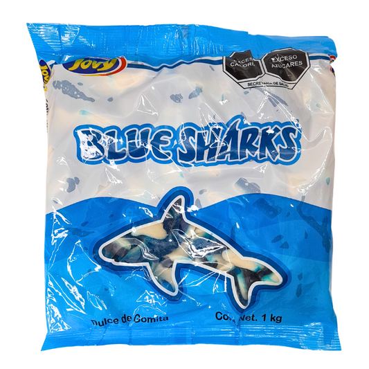 gomitas de grenetina con forma de tiburon sabor mora azul acidulados blue sharks jovy