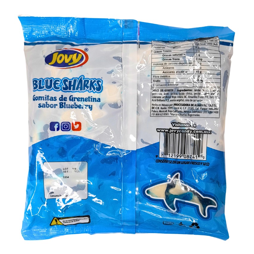 gomitas de grenetina con forma de tiburon sabor mora azul acidulados blue sharks jovy