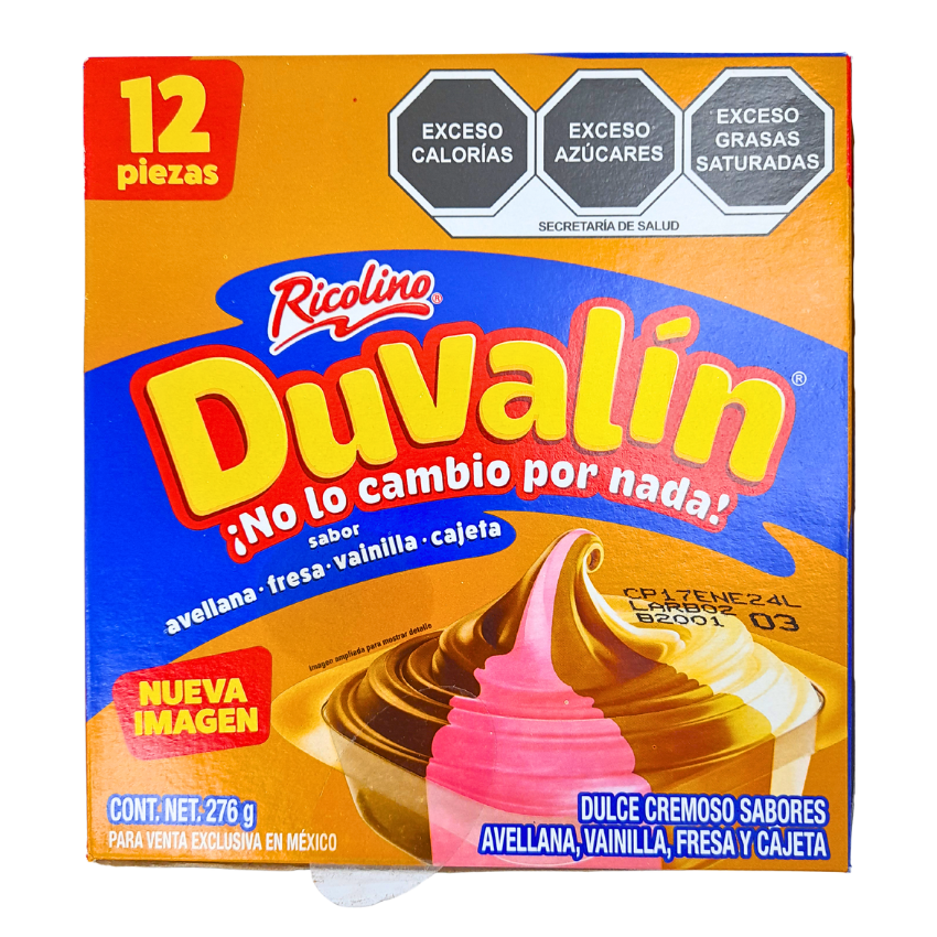 ricolino duvalin crema 4 sabores, vainilla, fresa, avellana y caramelo