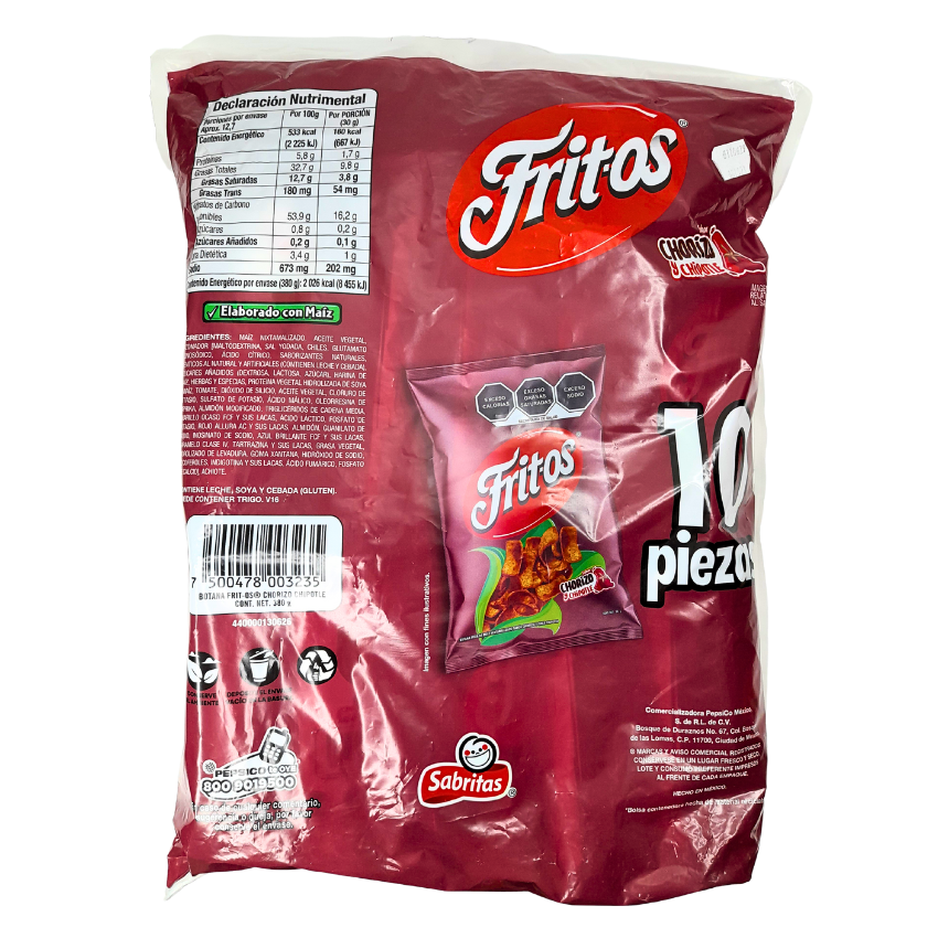 botana de maíz con sabor chorizo y chipotle fritos sabritas