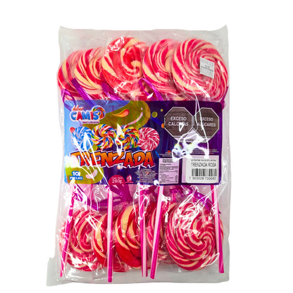 Dulces Camis Paleta Grande Trenzada Caramelo Rosa 20pz