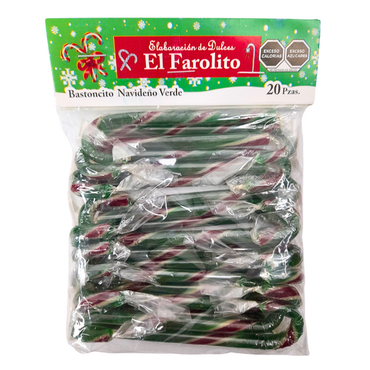 Bastón Caramelo Navideño Verde El Farolito 20pz