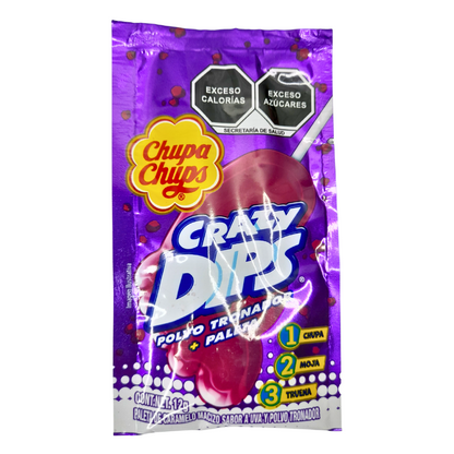 paleta de caramelo macizo y polvo crocante sabor uva crazy dips chupa chups