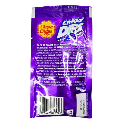 paleta de caramelo macizo y polvo crocante sabor uva crazy dips chupa chups