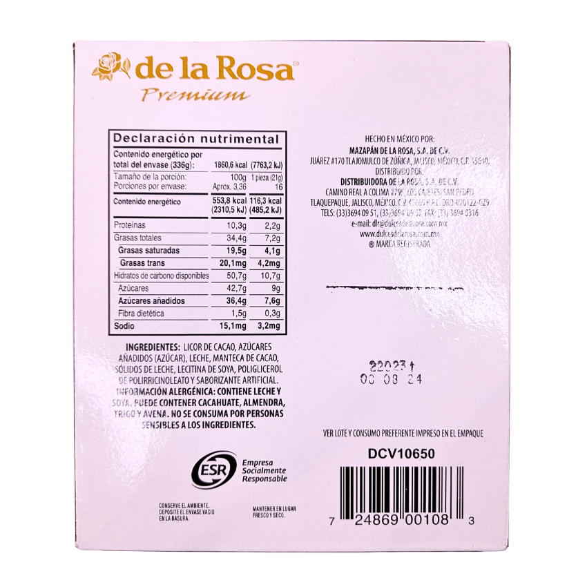 De la Rosa Chocolate Premium 48% Cacao 16 Piezas